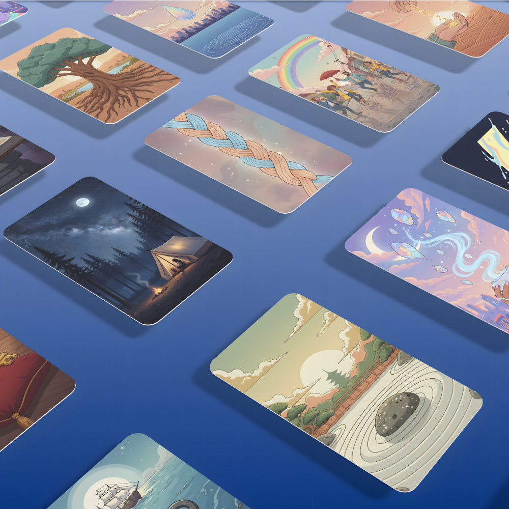 Collection of colorful tarot cards on a blue background