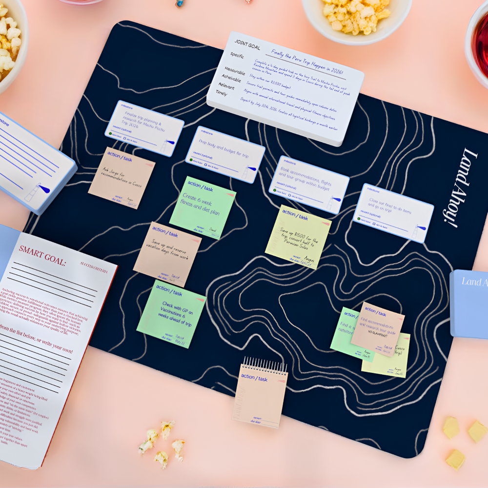 Board game setup with cards and markers on a table