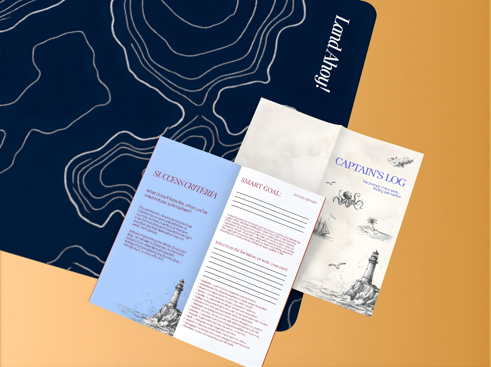 Set of nautical-themed brochures and a map on an orange background