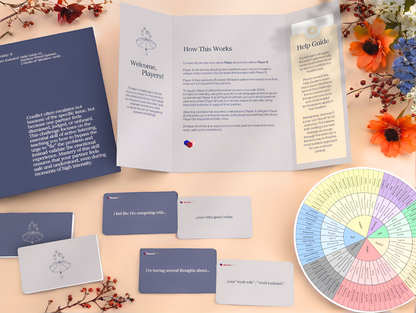 Card game components including cards, a help guide, and a color wheel on a wooden surface with flowers.