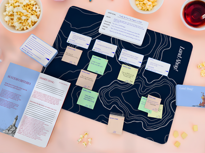 Game board with cards and markers on a table with snacks