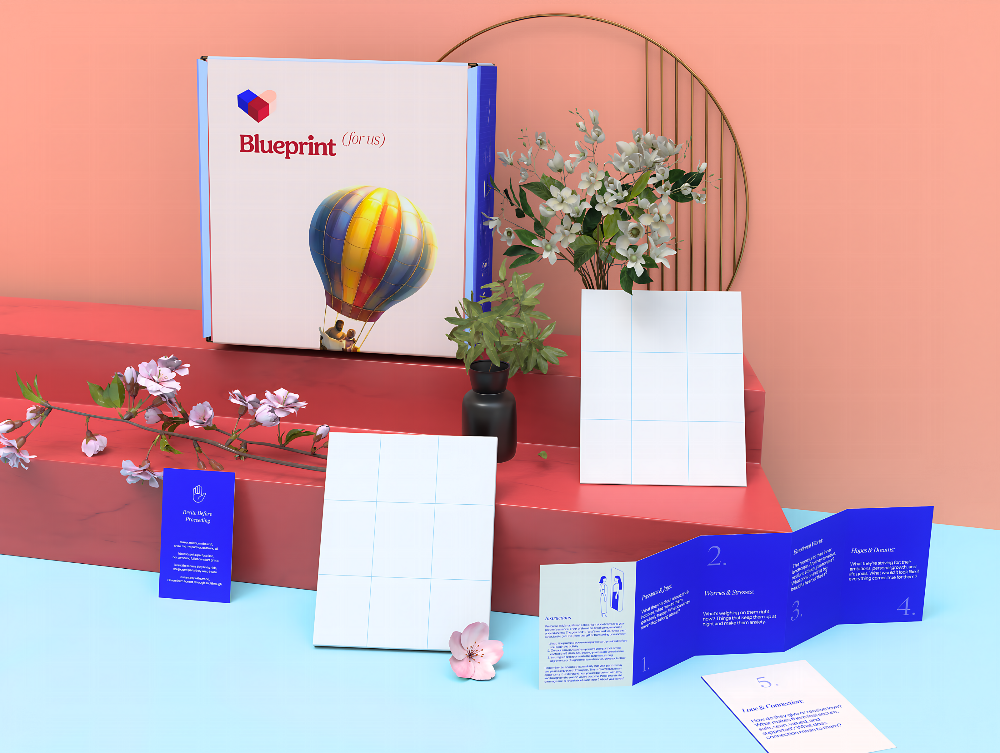 Collection of 'Blueprint' products including a book, cards, and brochures on a colorful background.