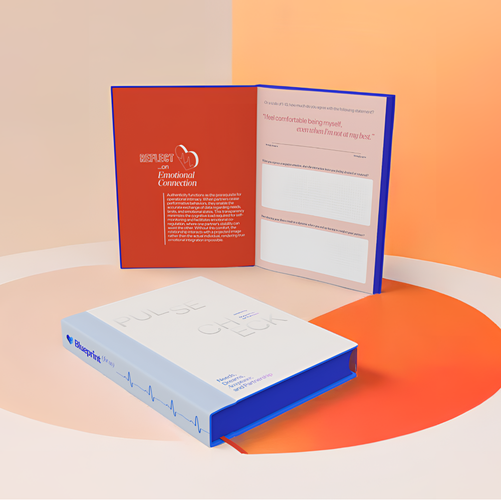 Product packaging with a booklet on an orange and beige background