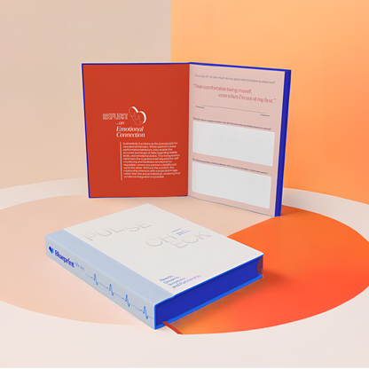 Product packaging with a booklet on an orange and beige background