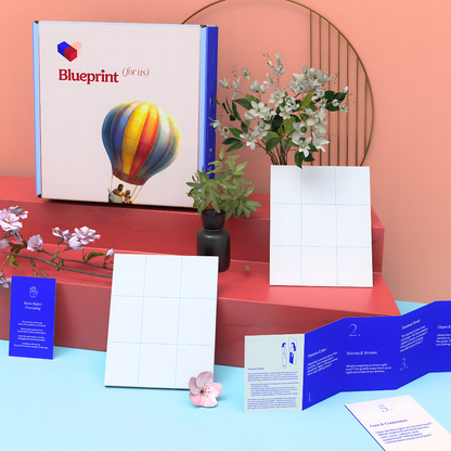 Blueprint product packaging with a colorful hot air balloon design on a pink and blue gradient background.