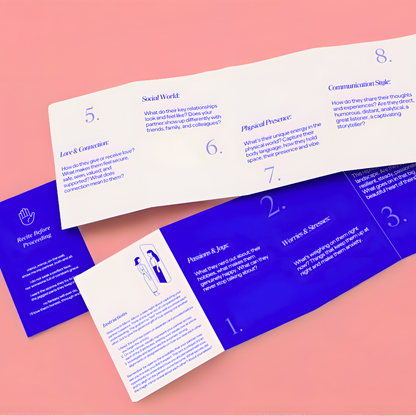 Folded leaflet with text on a pink background