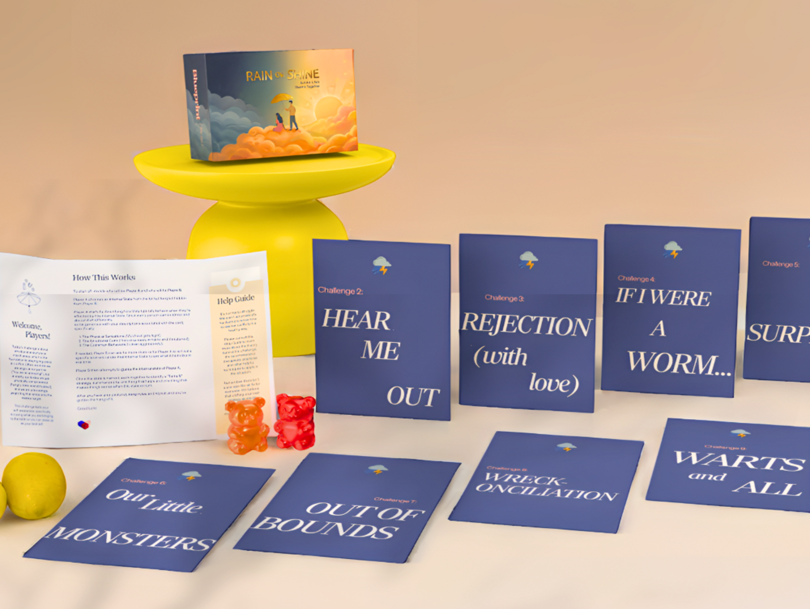 Collection of books and a yellow stand with a book on a beige background