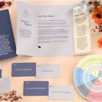 Card game components including a rulebook, cards, and a spinner on a wooden surface.