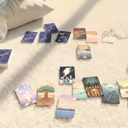 Collection of small cards with various designs on a textured surface