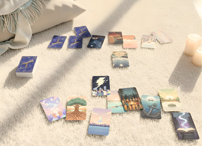 Set of small decorative cards with various designs on a textured surface.
